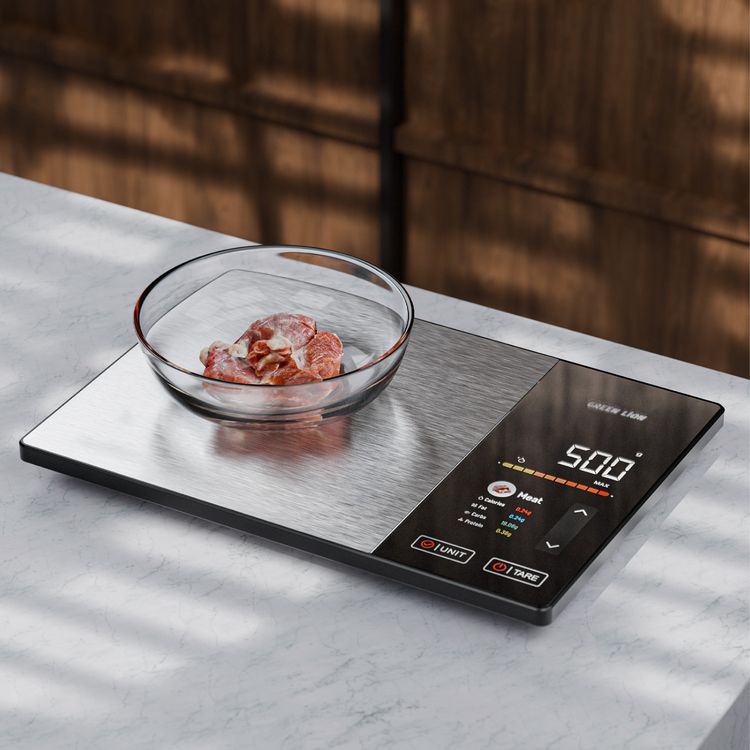 Green Lion Smart Food Scale with Advanced TFT Touch Display, Stainless Steel Surfaces, 60 Preloaded Food Options, Instant Tare Function, Multi-Unit Support, Stainless Steel + HIPS Material, Bluetooth Version 5.2, 4×AAA Batteries, 120 sec Auto Shut Off - Black 