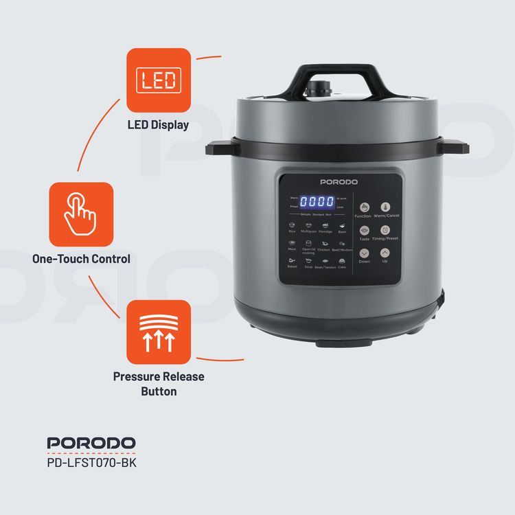 Porodo 1300W Multi-Cuisine Pressure Cooker with 6L Capacity & LED Display, One-Pot Meals, 12 Preset Functions, Pressure Release Button, One-Touch Control, Auto Pilot Cooking, Customizable Cooking Programs - Black