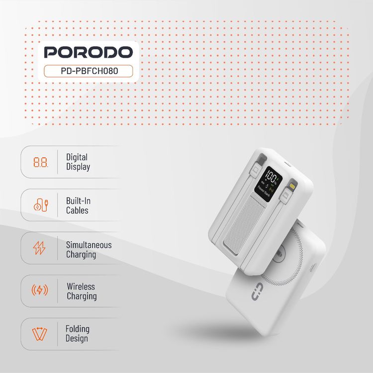 بورودو بنك طاقة لاسلكي مغناطيسي 10000 مللي أمبير/ساعة مع حامل كابل مدمج USB-C + Lightning، شحن متزامن، شاشة رقمية، PD 22.5 واط - أبيض