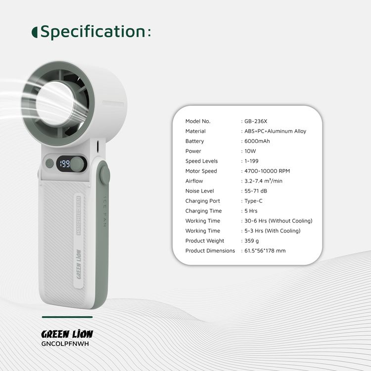 Green Lion Coolio Portable Fan with 1-199 Speed Levels, 6000mAh Battery Capacity, 5 Hours Charging Time, Type-C Charging Port, ABS + PC & Aluminum Alloy Material, 30 Hours Working Time, Silent Operation - White