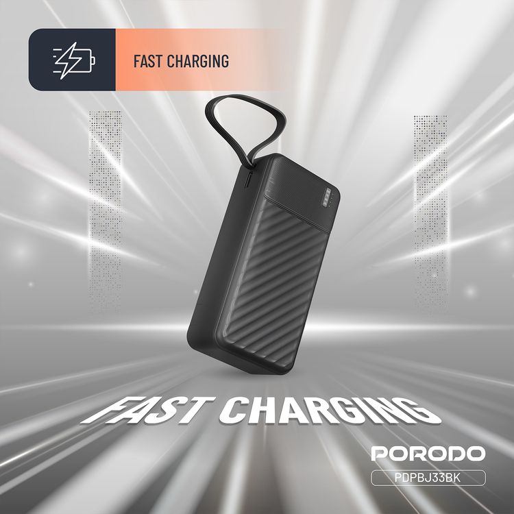 Porodo Piano 10000mAh Power Bank with Flashlight, Portable Handle, Phone Stand, 4 Integrated Cables, USB-A & USB-C & Micro Ports, Fast Charge Support, Universal Compatibility - Black