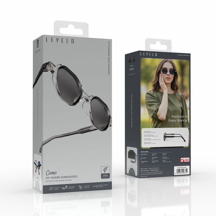 نظارات Levelo Como UV_Guard مع حماية UV400 للعيون، عدسات مقاومة للخدش، راحة ارتداء طوال اليوم، تصميم للجنسين، إطار PC خفيف الوزن، وساق CP متينة - أسود