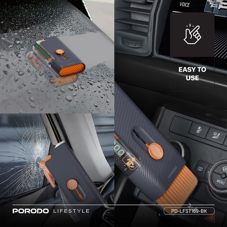 Porodo Lifestyle Vehicle Emergency Safety Kit with Tool Cleaners, ABS Material, Lightweight & Portable, Safety Hammer Included, Easy to Use, Glass & Dashboard Cleaner Supplied - Black
