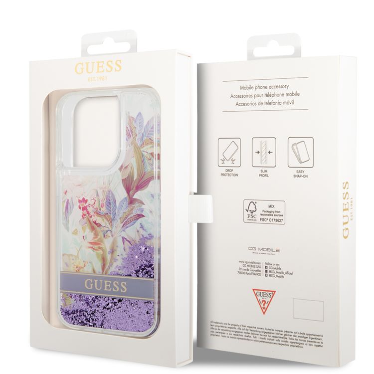 Guess Liquid Glitter Case with Flower Pattern Extra Shine Smooth Touch Feel iPhone 14 Pro Compatibility - Purple