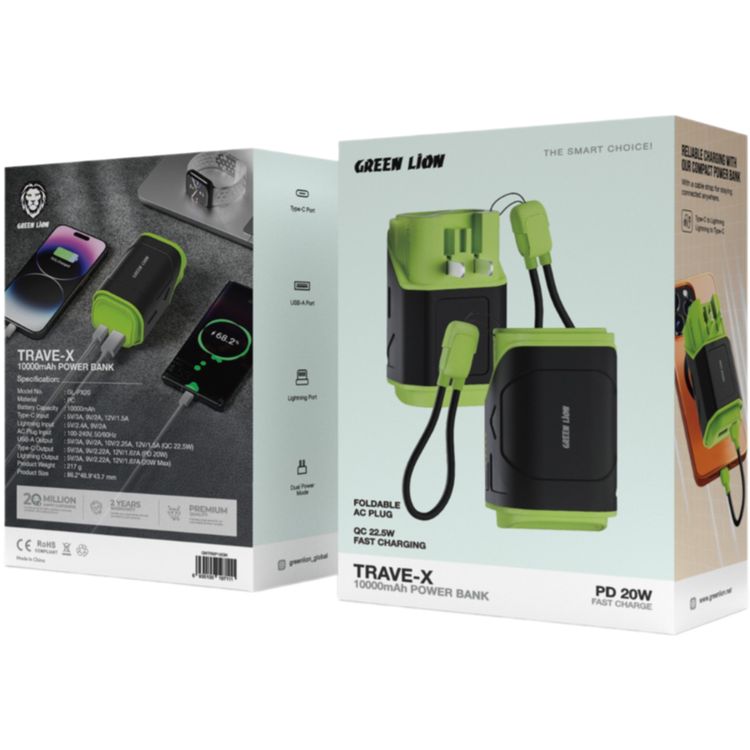 باور بانك تراف-إكس من جرين ليون، مصنوع من مادة البولي كربونات، سعة بطارية 10000 مللي أمبير، قابس تيار متردد قابل للطي، شحن سريع - أخضر زيتوني