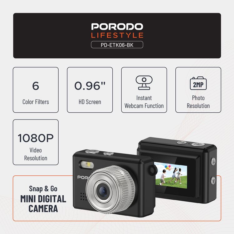 Porodo Mini Digital Camera with 0.96" HD Screen, 6 Color Filters, 2MP Photo Resolution, 1080 Pixels Video Resolution, 75-80 Minutes Operating Time, 200mAh Battery Capacity, Type-C Charging Port, Instant Webcam Function - Black