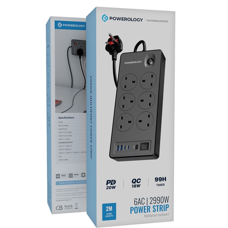 Powerology 2990W Power Strip with 6 AC Sockets, Dual USB-C & Dual USB-A Ports, UK 3-Pin Plug with 2m Length, Up to 99 Hours Timer Function, Digital Display - Black