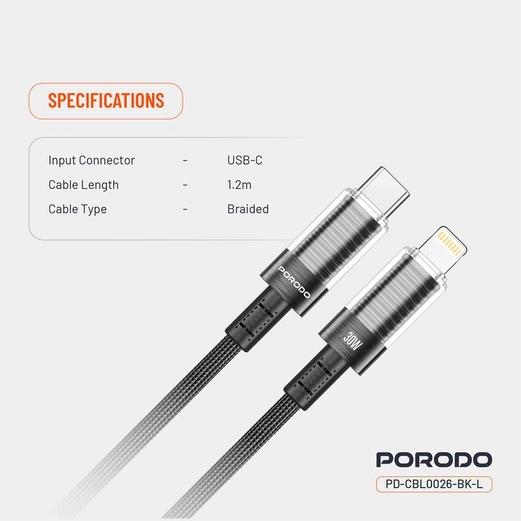 كابل USB-C إلى Lightning شفاف من Porodo، بطول 1.2 متر، متوافق عالميًا، PD 30W، آمن ومضمون، شاحن سريع للبيانات - أسود