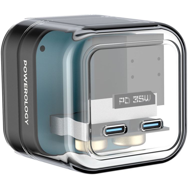شاحن حائط Powerology شفاف بقدرة 35 وات PD مزدوج USB-C مع مقابس قابلة للطي - أسود