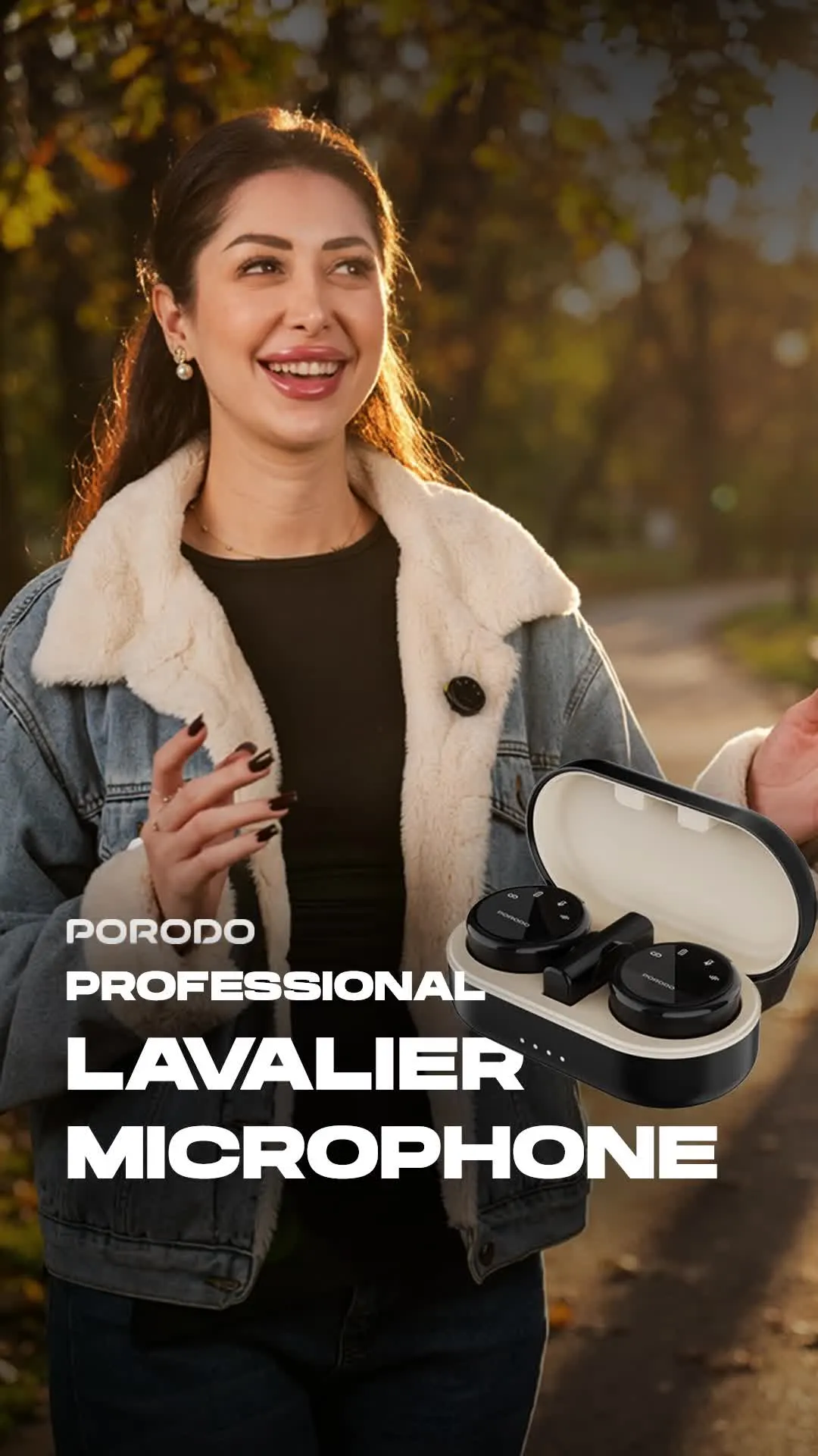 Porodo Lavalier Wireless Dual Microphone with Charging Case, Up to 24 Hours Working Time, ≤20ms Microphones Latency, 2.4GHz Digital Microphone Frequency, 600mAh Case Battery Capacity, Type-C Connector with Lightning Adapter, Plug & Play, Magnetic Clips, Low Latency, Crystal Clear Audio - Black