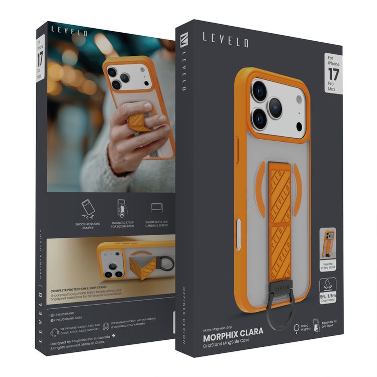 غطاء ليفيلو مورفيكس كلارا جريبستاند ماغ سيف لأيفون 17 برو ماكس، بحواف مرتفعة للكاميرا والشاشة، مغناطيس قوي، جسم مقاوم للصدمات ولمسة نهائية غير لامعة، حامل مرن بشكل D، مضاد لبصمات الأصابع - برتقالي شروق الشمس