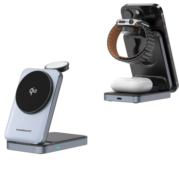 Powerology 3-in-1 Foldable Wireless Magnetic Charging Hub, Fast Charging, Multi-Device, Horizontal & Vertical View, Type-C Input Interface, Lightweight & Portable, Qi2 for iPhone 15 & 16, 15W Magsafe Power, 2.5W Watch Power, 5W Earbuds Power, 9V/3A & 12V3A Input, Foldable Design - Black