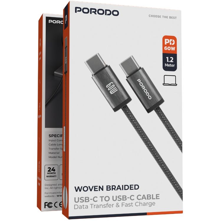 Porodo Woven Braided USB-C to USB-C Cable with 1.2m Cable Length, Fast Charge & Data Transmission, Tangle Free Design, High-Grade Components - Black