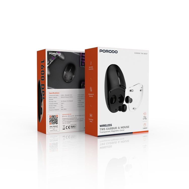 Porodo Wireless TWS Earbuds & Mouse with Transparent Magnetic Cover, Plug & Play, 3 Million Clicks Switch Lifespan, Up to 4 Hours Earbud Battery Life, Up to 30 Hours Mouse Battery Life, 10m Wireless Range - Black