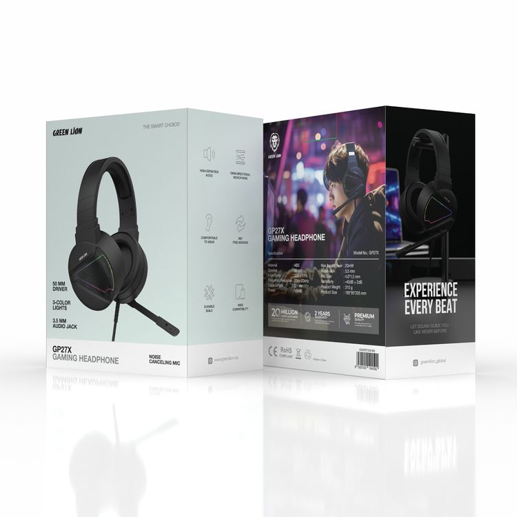Green Lion GP27X Gaming Headphone with Noise Canceling Microphone, Hight Definition Audio, 3 Color Lights, 3.5mm Audio Jack, 360° Free Bending, Comfortable to Wear - Black