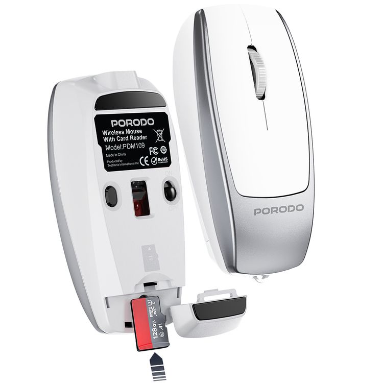 Porodo 1600DPI Wireless Mouse with Card Reader, 120mAh Battery, ABS Material, Bluetooth Version 5.1, 10m Working Distance, Silent Efficient Performance, Plug & Play - Silver