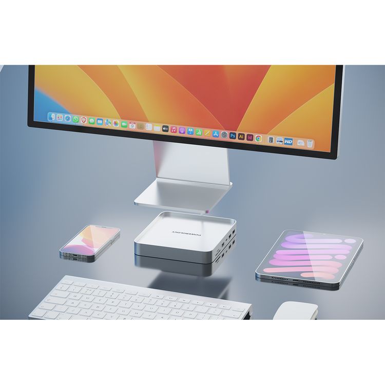 Powerology USB-C Hub & Stand for iMac 24", SSD Enclosure, NVMe & SATA Support, Non-Slip Base, USB-A 3.2 with 10Gbps Data Transfer, 150Mbps microSD Slot - Gray