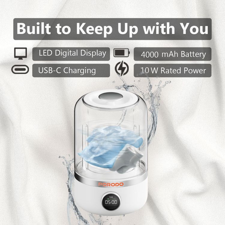 Porodo Lifestyle Cordless Mini Washing Machine for Delicate & Baby Clothes, Dual Washing Modes, LED Digital Display, 1.2L Cup Capacity, 10W Rated Power, 4000mAh Battery Capacity, Type-C Charging Port - White