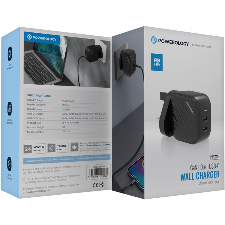 Powerology GaN Dual-USB-C Wall Charger with 45W Power Delivery, Built-in Safeguards, Universal Compatibility, 1.5A Rated Current, AC 100-240V Rated Voltage - Black