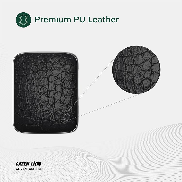 البنك الطاقة الأخضر لايون VALMONT بقوة 10000mAh مع جلد PU فاخر، شحن سريع بقدرة 45W PD، معتمد للرحلات الجوية، شاشة TFT، شحن QC18W - أسود