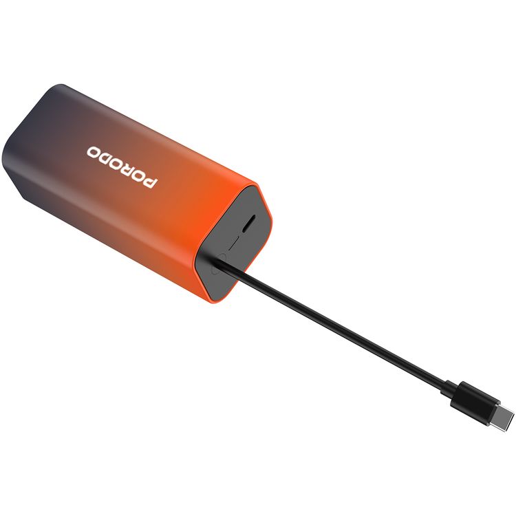 Porodo PB077 20000mAh Power Bank with  Integrated Type-C Cable, PD 20W, Type-C Ports, Portable Design, Fast Charge Support - Black