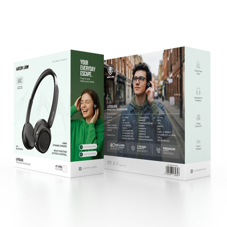 Green Lion Urban Wireless Headphone with 47 Hours Play Time, 40mm Dynamic Drivers, Multi-Function Joystick Control, Crystal-Clear Audio, Adjustable Fit Headband, All-Day Comfort Fit, Type-C Charging, ANC Hybrid Active Noise Cancelling, High-Fidelity Audio, Clear Voice Calling - Black