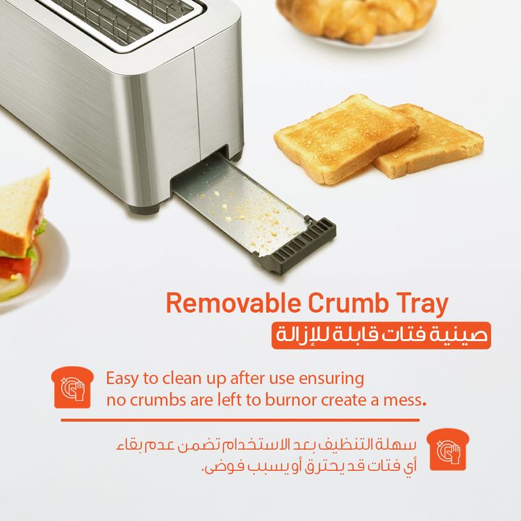 Porodo Lifestyle 4-Slice Bread Toaster with Touch Panel, 1140-1400W Rated Power, Stainless Steel 410 Material, 6 Browning Levels, 5 Functions, Removable Slide-Out Crumb Tray, Automatic Shut-Off - Silver 