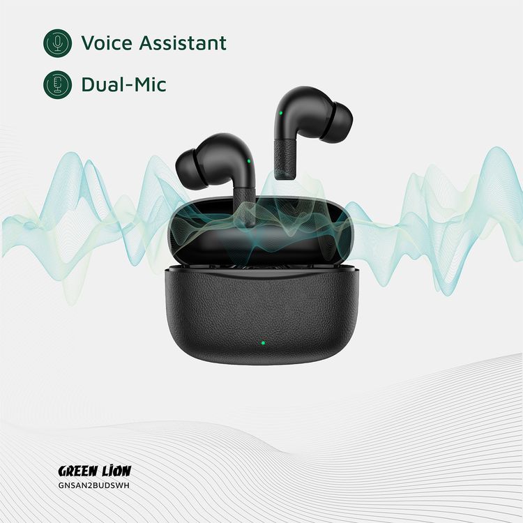 Green Lion Santorini 2 True Wireless Earbuds with Touch Controls, Up to 5 Hours Play Time, ABS Material, 2500 Hours Standby Time, 13mm Speaker Size, ENC Dual Microphones, High-Quality Sound, Voice Assistant - Black
