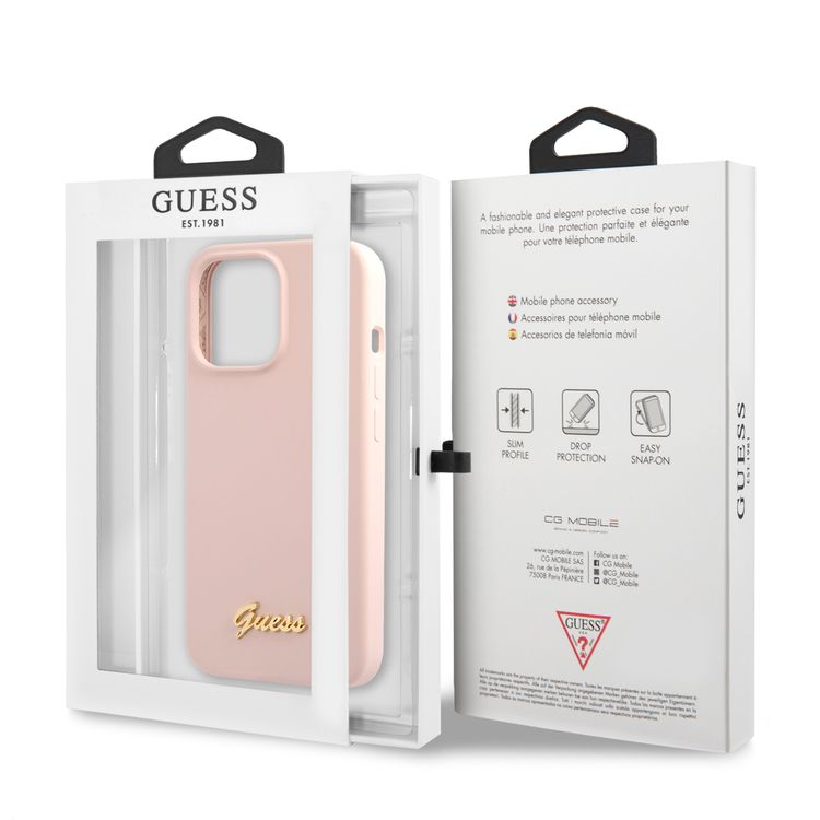 CG MOBILE Guess Liquid Silicone Case with Gold Metal Logo Script Compatible for iPhone 13 Pro (6.1") Anti-Scratch, Easy Access to All Ports, Shock Absorption