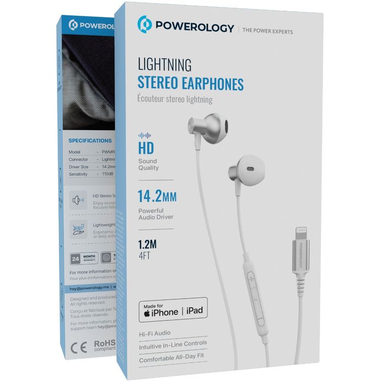 Powerology Stereo Earphones with Lightning Connection, HD Sound Quality, 5mW Max Power, 1.2m Cable Length, Button Control, Hi-Fi Audio, Crystal-Clear Audio, Lightweight & Comfortable Design - White