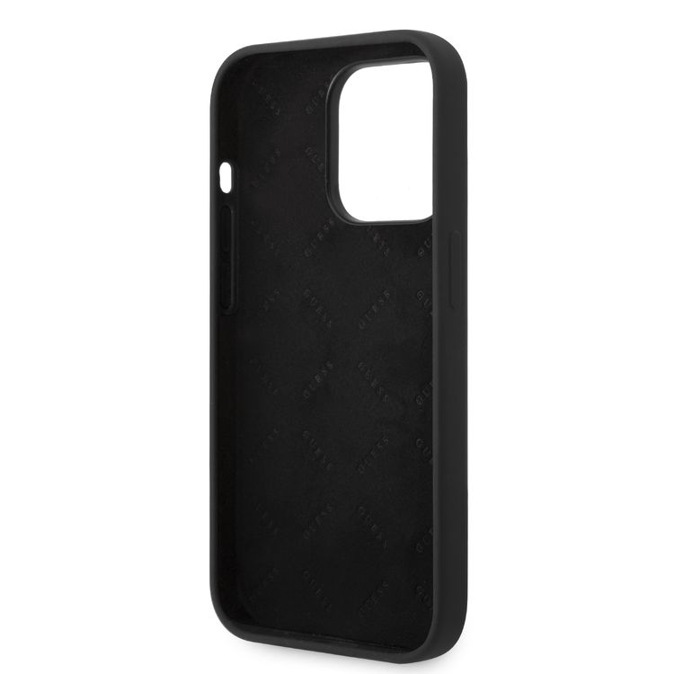 Guess Liquid Silicone Case With PC Camera Outline & Script Metal Logo - iPhone 14 Pro - Black