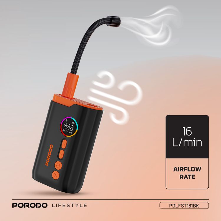 Porodo Electric Air Inflator with 150PSI High-Pressure Power, 4 Inflation Mode, 30cm Cable Length, USB-C Charging Cable, Up to 5 Hours Charging Time, Detects Air Pressure - Black
