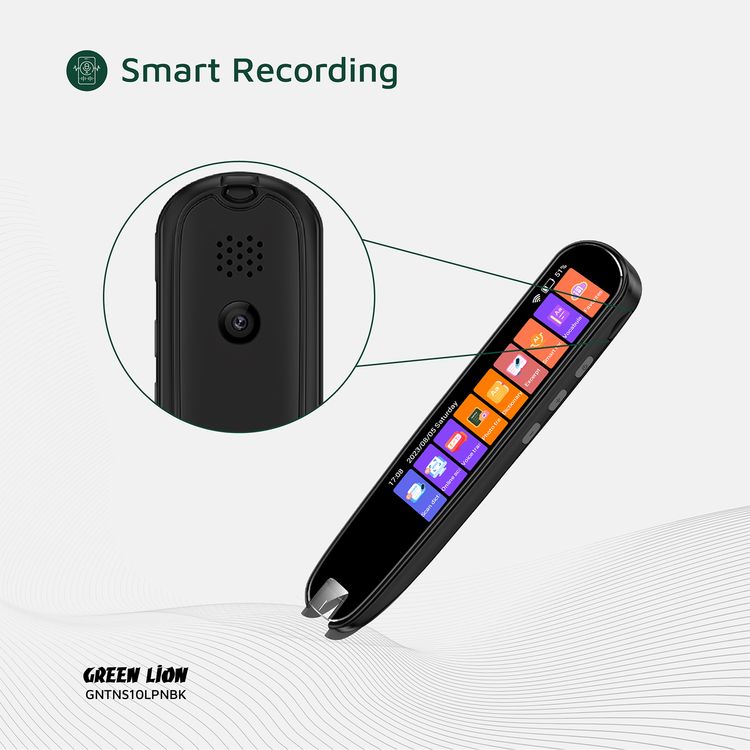 Green Lion Translation Pen with Touch Screen Interface, Photo, Voice & Scan Translation Capability, Bluetooth & Wi-Fi Connectivity, Dictionary & Vocabulary Access, Smart Recording, OCR Technology, Up to 8 Hours Working Time, 142 Languages Supported, Type-C Charging Port - Black