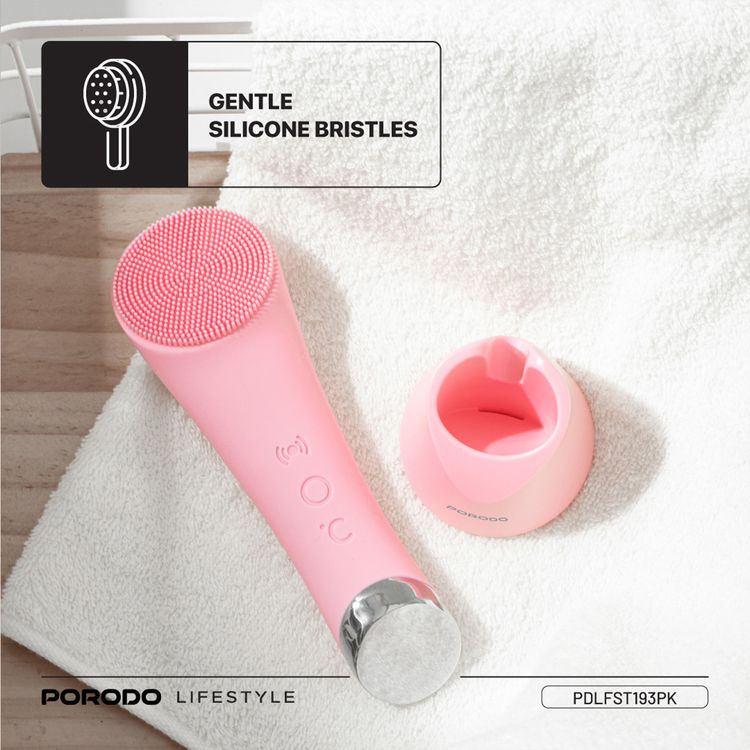 Porodo Sonic Vibration Facial Cleansing Brush with Massage & Exfoliate Function, 6000RPM High-Frequency Vibration, Warm Compress, 400mAh Battery Capacity, USB-C Charging Interface, 2 Hours Charging Time, Gentle Silicone Bristles - Pink