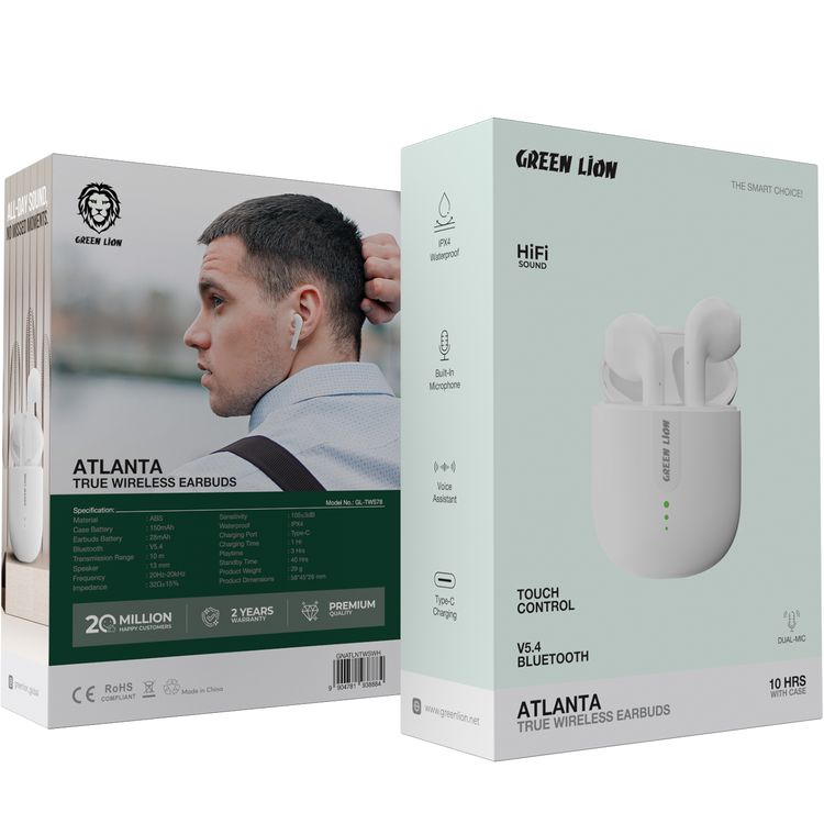 Green Lion Atlanta True Wireless Earbuds with Built-in Microphone, IPX4 Waterproof Level, Voice Assistant, HiFi Sound, Touch Control, 3 Hours Playtime - White