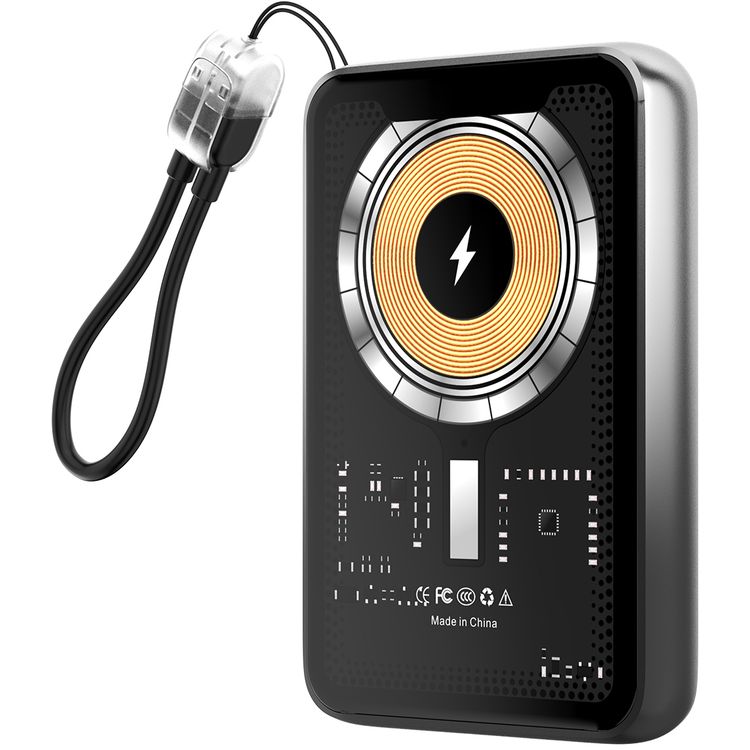 Porodo Arcadevolt 5000mAh MagSafe Power Bank with Built-in Console, +100 Classic Games, PD 20W, 2.8" HD Display, Type-C Lanyard Cable - Black