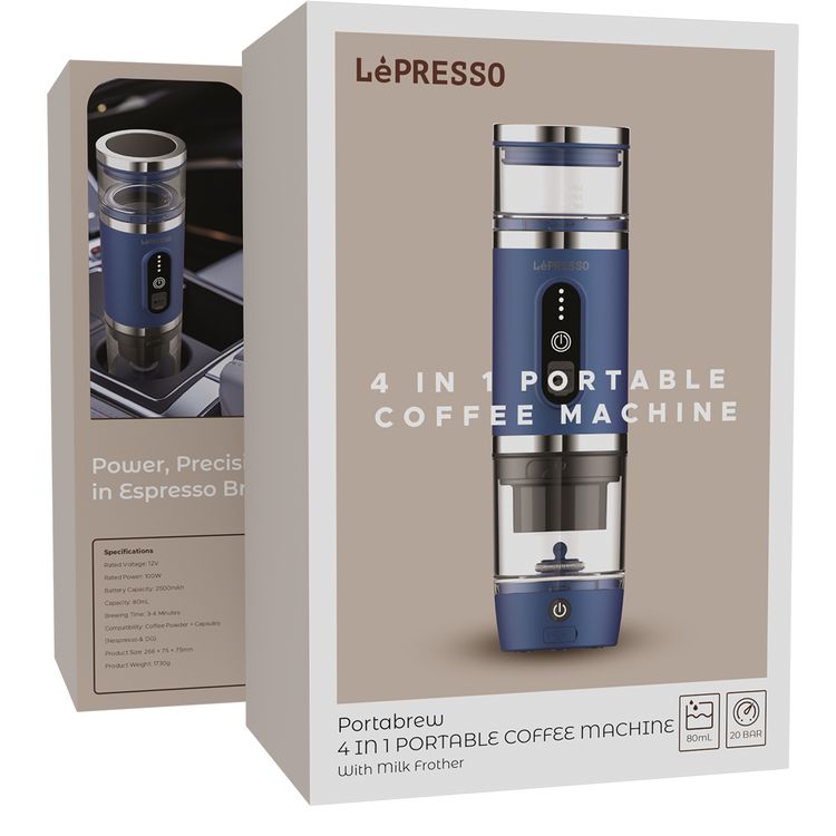LePresso 4-in-1 Portable Coffee Machine with Milk Frother, 80mL Capacity, 20BAR Pressure, 2500mAh Battery Capacity, 100W Power, Compatible with Coffee Powder & Capsules, 3-4 Minutes Brewing Time - Blue
