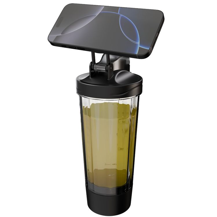 Porodo Lifestyle Grip & Mix Protein Shaker Bottle with Magnetic Phone Holder, 700mL Capacity, Powerful Shaking Function, Long Battery Life, BPA-Free, 7500 RPM Motor Speed, 600mAh Battery Capacity - Black