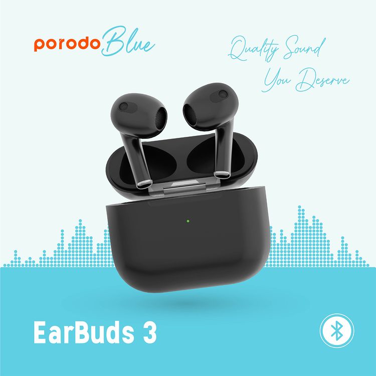Porodo Blue Deep Bass Wireless Earbuds 3, 20 Hours Working Time, Type-C Charging Port, Environmental Noise Cancellation, Independent Earbuds, Touch Control - Black