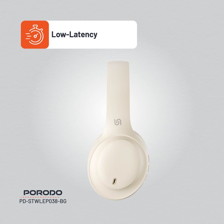  Porodo Soundtec Wireless Headphones with 400mAh Battery Capacity, 1.5 Hours Recharge Time, Up to 50 Hours Working Time, Type C Charging Port, Bluetooth V5.4 - Beige