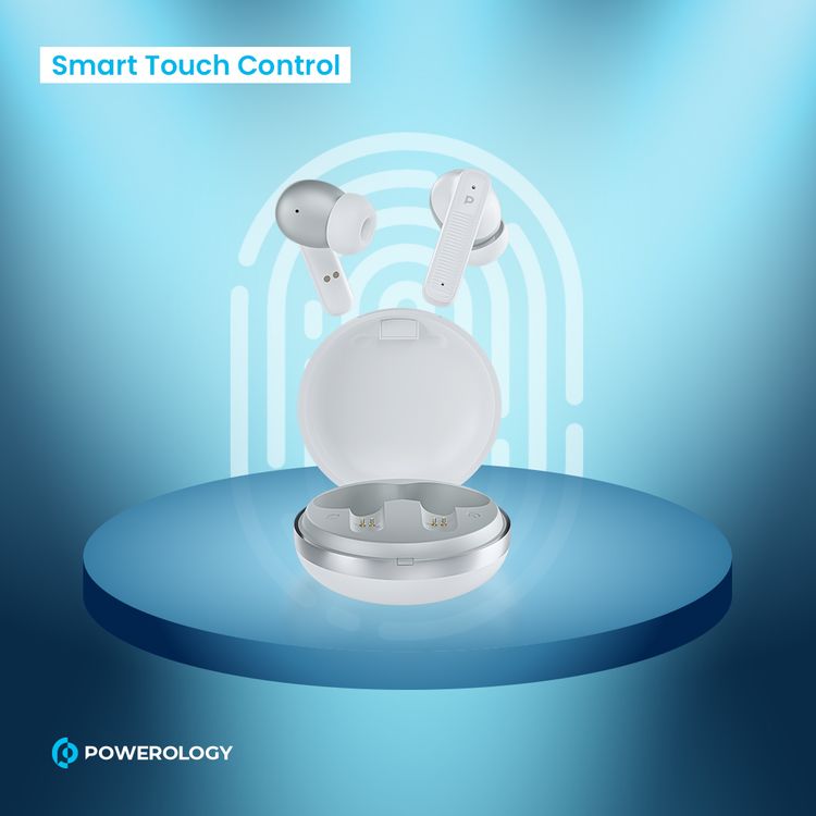 Powerology TWS Earbuds with Quad Mic ENC, 6h Playtime, Bluetooth 5.3, 30minutes Charging Time, 10m Transmission Distance, Type-C Port, Smart Touch Control, Wireless Charging - White