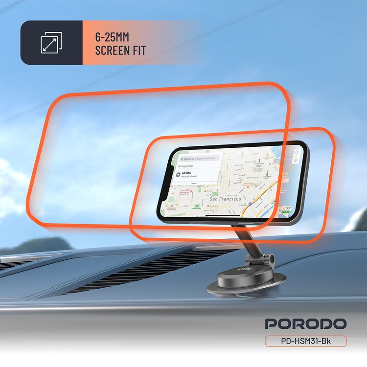 Porodo MagLock MagSafe Phone Mount with Zinc Alloy Material, N52 Magnets, Multi-Angle Adjustment, Folding Design, Strong Magnetic Hold - Black