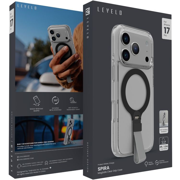 Levelo Spira MagSafe Clear Grip Case for iPhone 17 Pro, Strong Magnets, Horizontal & Vertical Viewing, Shock-Resistant Bumper, Anti-Scratch, 360° Rotating Metal Kickstand - Silverstone