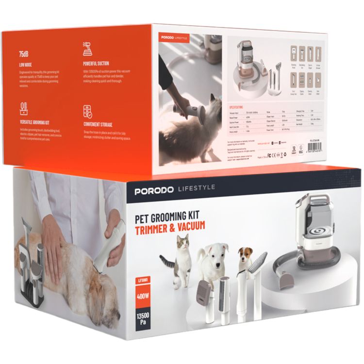Porodo Lifestyle Pet Grooming Kit Trimmer & Vacuum, 2000mAh Battery Capacity, 13500Pa Suction Power,  3.2L Hair & Dust Bin, 1.5m Hose Length - White