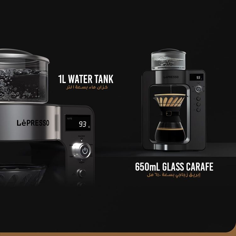 LePresso Dual Mode Coffee Drip Machine with Automatic Descaling, Customized Setting, 650mL Glass Carafe Capacity, 1L Water Tank Capacity, UK 3-Pin Plug, Golden Cup Standard - Silver