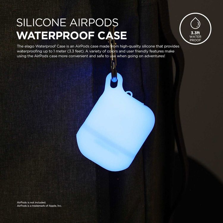 Elago Airpods Waterproof Hang Case, High Quality Silicone, Waterproof Case up to 1meter(3.3ft), Functional Design, Dustproof, Aluminum Carabiner, Impact Protection- Nightglow Blue