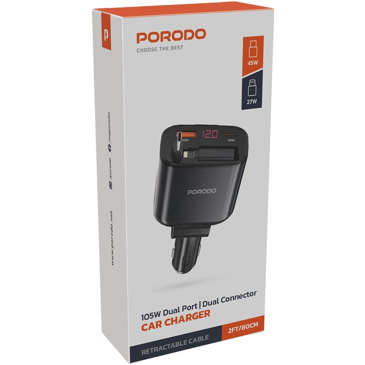 Porodo Dual Port & Connector Car Charger with Retractable Cable, 105W Total Output Power, Simultaneous Charging, USB-A & USB-C Ports, Type-C & Lightning Connectors, 80cm Cable Length, Digital Display, 27W Lightning Adapter, Universal Compatibility - Black