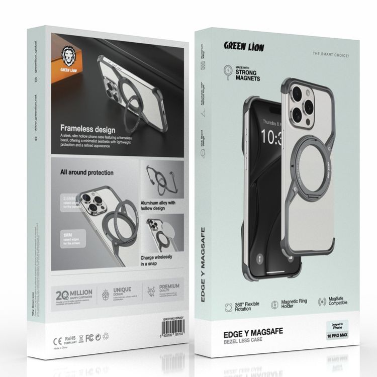Green Lion Edge Y MagSafe Bezel Less Case for iPhone 16 Pro Max, 360° Rotation, Raised Edges, Frameless, Kick Stand Design - Gray