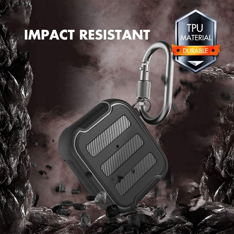 AhaStyle Rugged Armor Premium TPU Case with Anti-Lost Carabiner Compatible for AirPods 1/2, Hard-Shell Protective Cover, Scratch Resistant, Shock Absorption, Drop Protection, & Dustproof Protective Silicone Cover Supports Wireless Charging - Black
