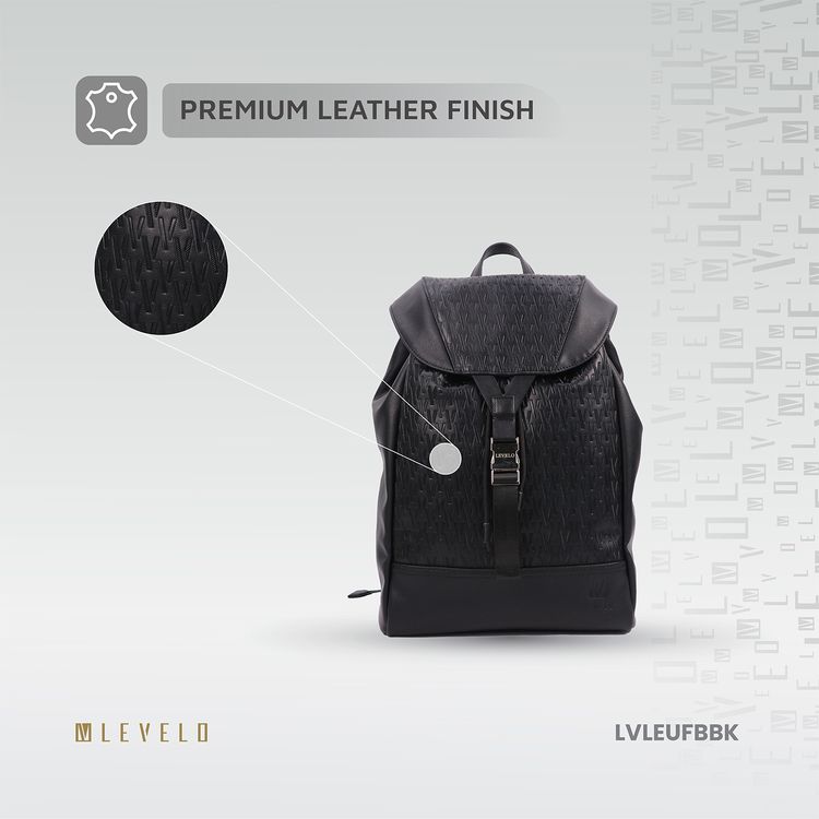 Levelo Envol Universal Fashion Backpack with Premium Leather Material, Scratch Resistant, Lightweight Design, Push Buckles, Drawstring Closure, Multiple Compartments - Black
